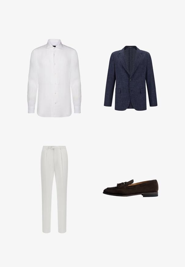 Navyblauer Blazer aus strukturiertem Stoff, mit zwei Fronttaschen, einem Ein-Knopf-Verschluss und einem Reverskragen-Design.; Weißes langärmliges Button-Down-Shirt aus leichtem Stoff, das einen klassischen Kragen, eine subtile Textur und sechs Knöpfe auf der Vorderseite aufweist.; Weiße maßgeschneiderte Hose mit einer vorderen Falte, einem Knopfverschluss und einem leicht zulaufenden Bein-Design, aus einem glatten Stoff gefertigt.; Dunkelbrauner Wildleder-Tasselloafer mit niedrigem gestapeltem Absatz und abgerundetem Vorderteil in Seitenansicht auf weißem Hintergrund.