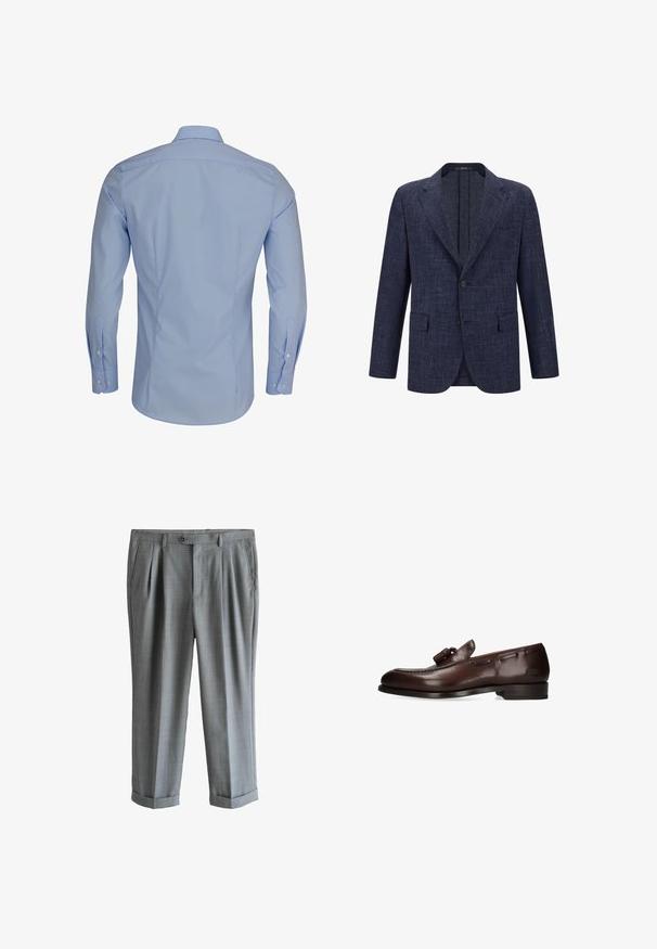 Mørkeblå blazer med tekstureret stof, to forlommer, en enkelt knaplukning og et notch lapel-design.; Lyseblå langærmet skjorte med knap-trykkrave, der har en glat tekstur og tætsiddende design, med hvide knapdetaljer.; Grå skræddersyede bukser med fordele, sidelommer, knaplukning, bæltestropper og opsmøgede kanter, vist på en hvid baggrund.; Mørkebrune herresko i læder med duske, lav hæl og diskrete sømme langs siderne og på tåområdet.