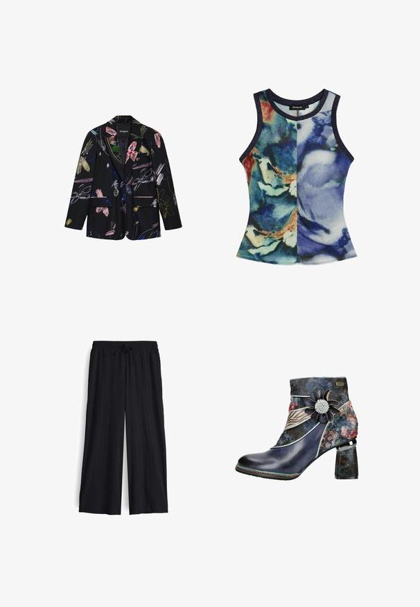 Schwarzer Blazer mit bunten abstrakten Blumen- und Pinselstrichmustern, zwei vorderen Klappentaschen und einem Revers mit Kerbkragen.; Ärmelloses Damenoberteil mit rundem Halsausschnitt und abstraktem blau-grün-beigem Aquarelldruck, mit dunklen eingefassten Kanten.; Schwarze weit geschnittene Hose aus strukturiertem Stoff mit elastischem Taillenbund und verstellbarem Kordelzug. Hat eine lockere Passform und keine Taschen.; Stiefelette mit glänzender, dunkelblauer Lederzehe und einem floral gemusterten Obermaterial, verziert mit einer dekorativen Blume und einem strukturierten Blockabsatz.