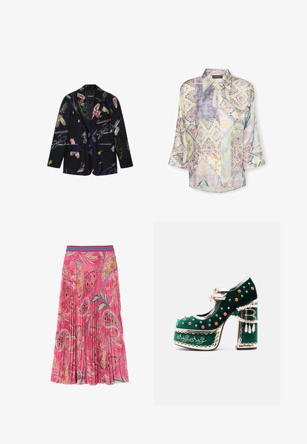 Sort blazer med farverige abstrakte blomster- og penselstrøgsmønstre, to forlommer med klap og en notch reverskrave.; Trykt bluse med en blanding af pastelfarvede geometriske mønstre, en krave og løstsiddende ærmer. Fremstillet af letvægtsstof.; Lyserød plisseret nederdel med blomster- og paisleymønstre, med en kontrasterende turkise stribet talje. Lavet af letvægtsstof.; Grøn fløjlsplatformsko med dekorative røde og sølvnitter, perleseler, guldkant, broderi og en blokhæl med dinglende perler og en "B"-vedhæng.