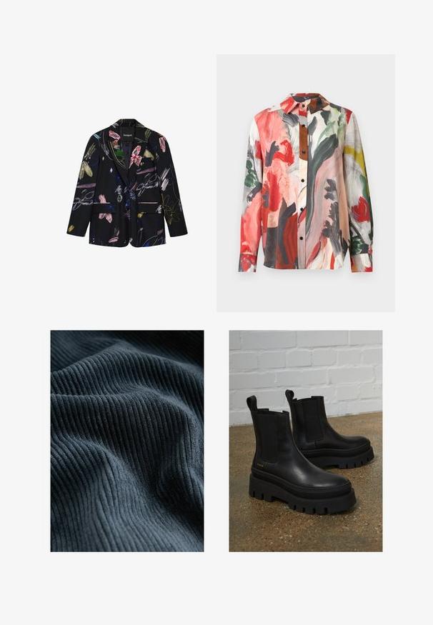 Sort blazer med farverige abstrakte blomster- og penselstrøgsmønstre, to forlommer med klap og en notch reverskrave.; Langærmet skjorte lavet af letvægtsstof med et farverigt abstrakt tryk i røde, grønne og beige toner; sorte knapper og en spredt krave.; Mørkeblå ribbet stof med en blød, tekstureret overflade, der har lodrette linjer og blide bølger, hvilket skaber dybde og bevægelse.; Sort læder ankelstøvler med elastiske sidepaneler, tykke sorte platformssåler og syninger, der har en løftesanordning for nem påtagning.