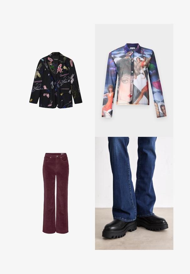 Blazer negro con patrones florales abstractos y pinceladas de colores, dos bolsillos delanteros con solapa y cuello con muesca.; Camisa de botones transparente con un colorido estampado fotográfico de personas en poses dinámicas, con cuello clásico y mangas largas.; Pantalones de pana con diseño de pierna ancha, en un color burdeos intenso. Presentan bolsillos delanteros y trabillas para cinturón, con un acabado de tela texturizada.; Botas de plataforma negras gruesas con suelas de goma texturizada, punta redondeada y parte superior de cuero suave, combinadas con jeans de campana azules.
