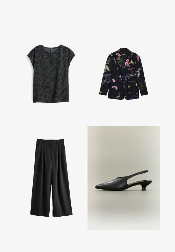 Zwarte blazer met kleurrijke abstracte bloemen- en penseelstreekpatronen, twee voorflapzakken en een reverskraag met inkeping.; Donkere blouse met een patroon, voorzien van een ronde halslijn, korte mouwen en een subtiele textuur met een abstract ontwerp in tinten groen en grijs.; Zwarte broek met wijde pijpen, plooien in de taille, riemlussen, zijzakken en een rechte zoom.; Zwarte leren slingback schoen met puntige neus en lage kittenhak op een neutrale achtergrond.
