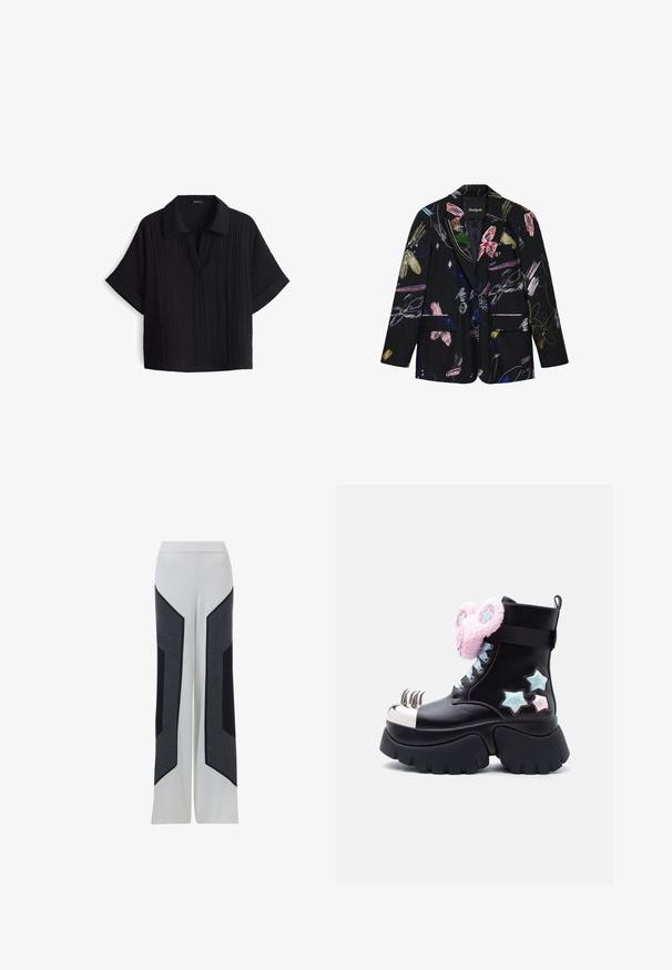 Zwarte blazer met kleurrijke abstracte bloemen- en penseelstreekpatronen, twee voorflapzakken en een reverskraag met inkeping.; ZwarteT-shirt met korte mouwen en een kraaghalslijn, gemaakt van een textuur- en ribstof en met een losse pasvorm. Geen zichtbare sluitingen.; Witte wijde pijpen met donkergrijze en zwarte geometrische zijpanelen, voorzien van een elastische tailleband en een zachte stoftextuur.; Zwarte plateau-laars met zilveren klauwteen, roze pluizige oorklemmen met blauwe sterren en blauwe en roze sterapplicaties aan de zijkant.
