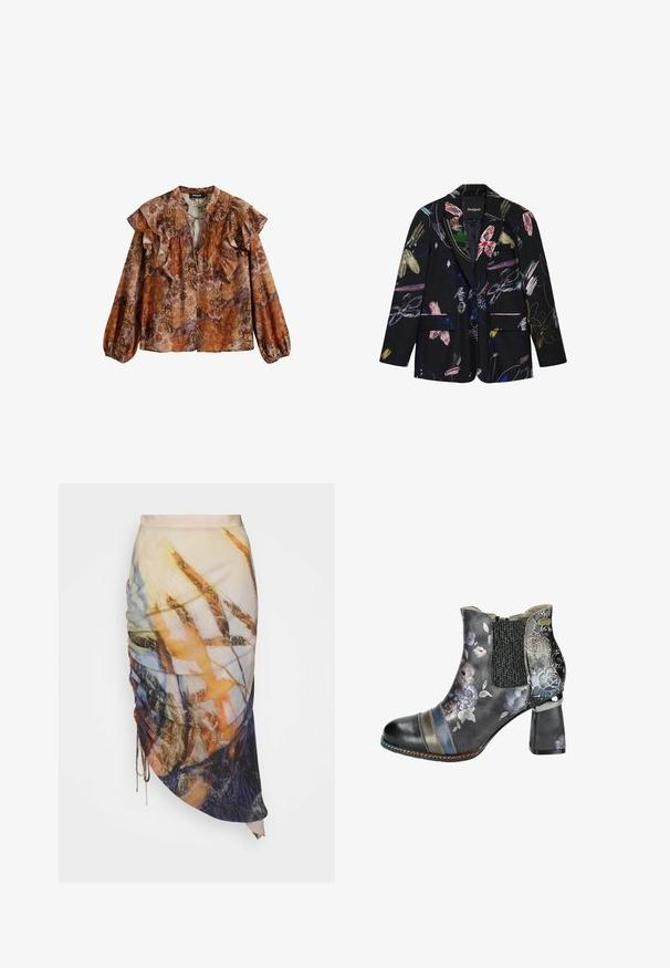 Blazer negro con patrones florales abstractos y pinceladas de colores, dos bolsillos delanteros con solapa y cuello con muesca.; Blusa de manga larga en tonos cálidos de naranja, marrón y púrpura. Cuenta con un escote y mangas con volantes, estampado floral y tela suave y ligera.; Materiel DIAGONAL GATHERED SKIRT - Falda de tubo - golden hour; Botín negro con patrón floral, panel lateral elástico y tacón en bloque. Presenta rayas multicolores y costuras decorativas.