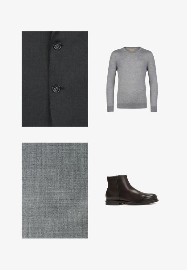 Tissu gris foncé avec une texture lisse, comportant deux boutons noirs et un léger détail de couture sur la partie avant d'un blazer.; Pull gris à manches longues en tissu doux, avec un col rond et des poignets côtelés. Design simple sans motifs ni accents.; Tissu gris avec un motif tissé texturé. La surface est lisse, présentant des variations subtiles de tons et une fine structure en grille.; Bottine en cuir noir avec une texture lisse, bout arrondi et un petit talon. Dispose d'une fermeture éclair sur le côté pour un enfilage facile.