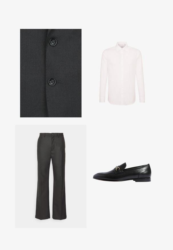Donkergrijze stof met een gladde textuur, uitgerust met twee zwarte knopen en subtiele stiksels op de voorkant van een blazer.; Wit overhemd met lange mouwen, knoopsluiting aan de voorkant en klassieke kraag, weergegeven op een effen witte achtergrond.; forét Broek - dark grey; Zwarte leren loafers met een ronde neus, een gouden gespaccent en een lage gestapelde hak. Glad oppervlak met minimale stiksels.