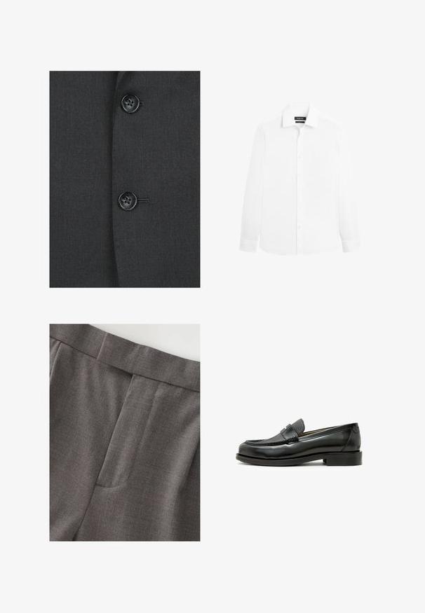 Donkergrijze stof met een gladde textuur, uitgerust met twee zwarte knopen en subtiele stiksels op de voorkant van een blazer.; Wit herenoverhemd met lange mouwen, kraag en knopen aan de voorkant, afgebeeld op een effen witte achtergrond.; Grijze op maat gemaakte broek met een gladde textuur, rechte vorm en een discrete detail van een voorkantzak. De tailleband is keurig afgewerkt.; Zwarte leren loafer met een textuuraccent van zwart leer, ronde neus en een lage blokhak; beschikt over een decoratief metallic detail.