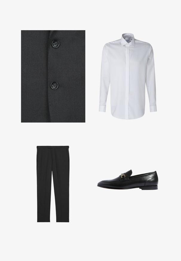 Dunkelgrauer Stoff mit glatter Textur, versehen mit zwei schwarzen Knöpfen und subtilen Ziernähten an der Vorderseite des Blazers.; Weißes Langarmhemd mit klassischem Kragen, einfacher Vorderseite und Knopfmanschetten. Hergestellt aus glattem, leichtem Baumwollstoff.; Dunkelgraue Hose aus strukturiertem Stoff, mit zwei Fronttaschen und zwei Knöpfen am Bund zum Verschließen. Flache Vorderseite.; Schwarze Lederloafers mit abgerundetem Zehenbereich, einem goldenen Schnallenakzent und einem niedrigen, gestapelten Absatz. Glatte Oberfläche mit minimalen Nähten.