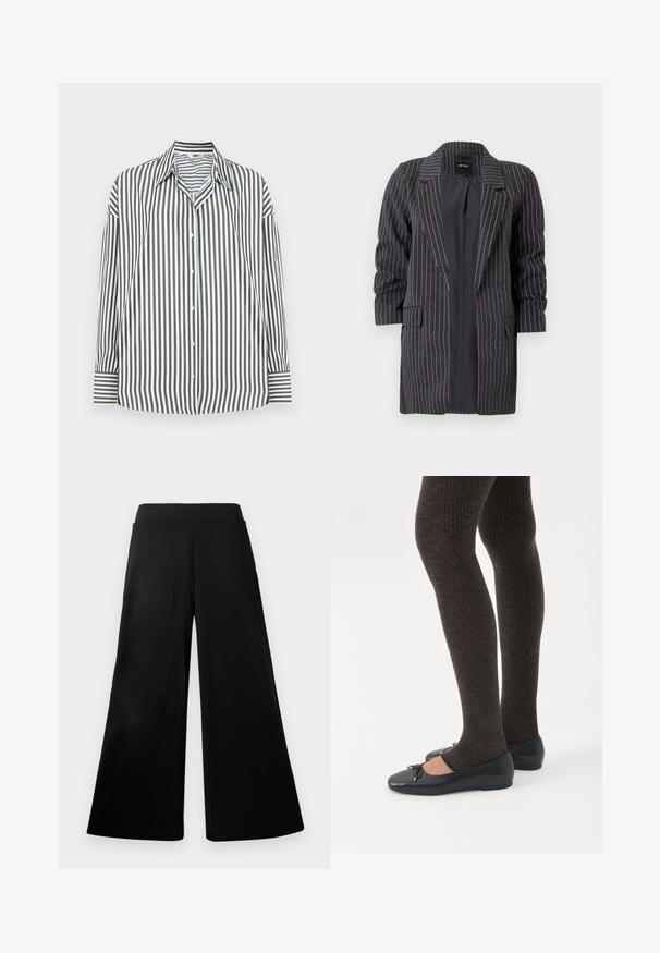 Donkergrijs colbert met witte streepjes, met notch-lapels, lange mouwen en twee voorkeurszakken; textuurstof met een zachte afwerking.; Overhemden in groen en witte verticale strepen, met een klassieke kraag, lange mouwen en een rechte zoom.; Zwarte wijde broek met elastische tailleband, gladde stof en zonder zichtbare zakken of sluitingen, afgebeeld tegen een witte achtergrond.; Benen met donkere geribbelde leggings gecombineerd met zwarte ballerina's met kleine strikdetails op een witte achtergrond.