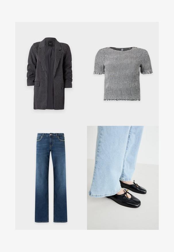 Mørkegrå blazer med hvide striber, skrå lapeller, lange ærmer og to frontlommer; textured stof med en blød finish.; Sort og hvid stribet top med korte ærmer i tekstureret, smocket stof med flæsekant på ærmer og kant.; Mørkeblå jeans med lige ben, fem lommer, lukning med metal-knap og små sølvnitter langs forkantene af forlommerne.; Sorte læder balletflade med rund tå, der har udskæringer og sløjfekvaster, båret med lyseblå viddejeans.
