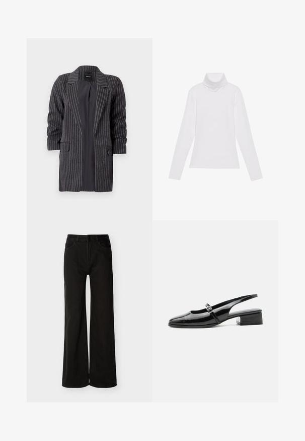 Donkergrijs colbert met witte streepjes, met notch-lapels, lange mouwen en twee voorkeurszakken; textuurstof met een zachte afwerking.; Witte lange mouw turtleneck top gemaakt van glad, elastisch materiaal. Voorzien van een hoge kraag en een getailleerd ontwerp, zonder zichtbare patronen of versieringen.; Zwarte denim jeans met hoge taille en wijde pijpen, met knoop- en ritssluiting aan de voorkant, voor- en achterzakken, getoond tegen een witte achtergrond.; Zwarte lakleren slingback schoen met een lage blokhak en een dunne band met zilveren gesp bovenop.