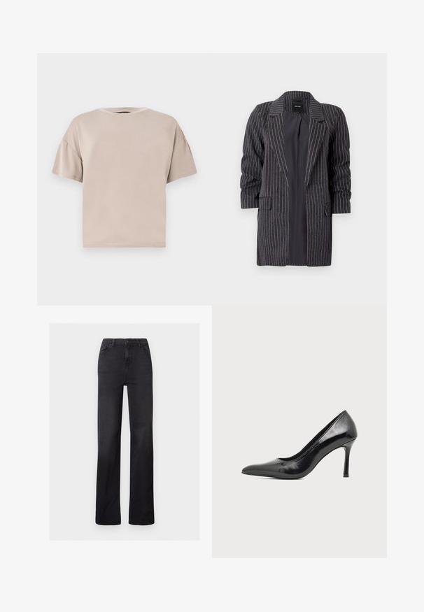Blazer gris foncé avec des rayures blanches, revers crantés, manches longues et deux poches à l'avant ; tissu texturé avec une finition douce.; T-shirt beige en coton, à manches courtes, oversize, avec col rond et ourlet droit, sur un fond clair uni.; Jean en denim noir à jambes droites avec une taille haute, un design à cinq poches et des coutures visibles. Texture lisse avec une finition légèrement délavée.; Chaussure à talon haut pour femme en cuir verni noir avec bout pointu et talon fin sur fond clair uni.