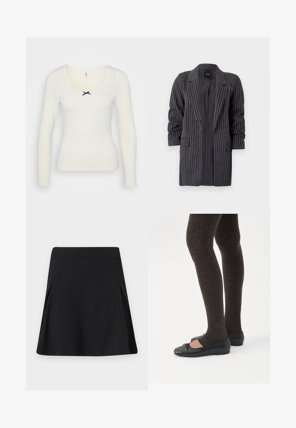 Donkergrijs colbert met witte streepjes, met notch-lapels, lange mouwen en twee voorkeurszakken; textuurstof met een zachte afwerking.; Witte lange mouwen top met ribbelstructuur, scoop hals, kantafwerking en een zwarte strikaccent in het midden voor. Gemaakt van een katoenmix.; Zwarte A-lijn rok met lichte plooien aan de zijkanten, een geplooide tailleband en een gladde stoftextuur.; Benen met donkere geribbelde leggings gecombineerd met zwarte ballerina's met kleine strikdetails op een witte achtergrond.