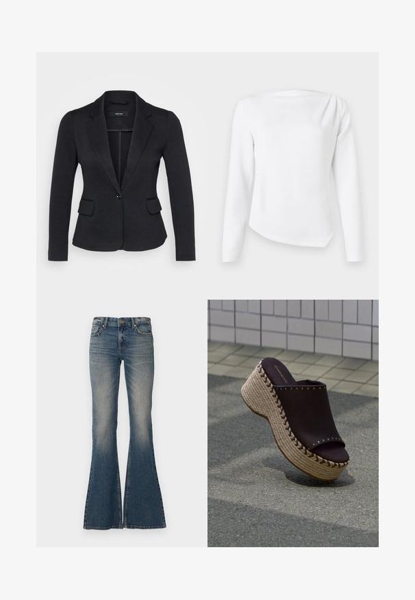 Blazer noir avec une coupe ajustée, deux poches avant, fermeture à un bouton et revers crantés, fabriqué à partir d'un tissu texturé.; Blouse blanche à manches longues avec encolure bateau et ourlet légèrement asymétrique, présentée sur un fond clair uni.; Jean bleus évasés en denim, avec une fermeture à bouton, un design à cinq poches et une finition délavée, dotés d'une large ouverture de jambe.; Sandale plateforme noire à enfiler avec semelle en corde tressée et détails en clous métalliques sur fond de sol carrelé.