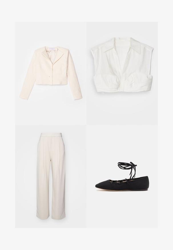 Afskåret cremefarvet blazer med et struktureret stof, slået krave og to forreste knapper. Lange ærmer og en glat indreforing.; Hvid cropped bluse lavet af letvægtsstof, med krave, korte ærmer og knaplukning foran med plisserede detaljer.; Stine Goya CIARA - Bukser - ivory; Loeffler Randall LOUISA LACE UP BALLET FLAT - Ballerinasko m/ rem - black