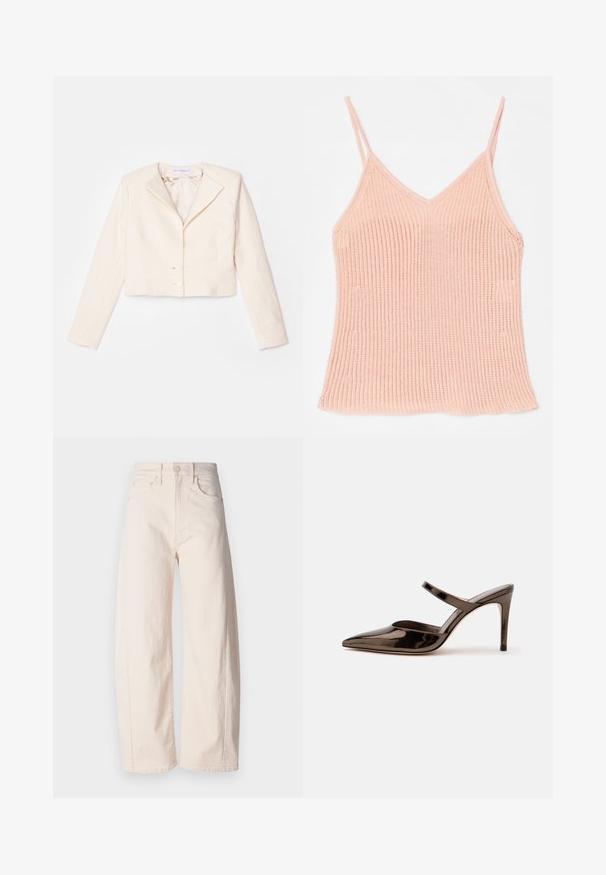 Blazer crème coupé avec un tissu texturé, un col cranté et deux boutons à l'avant. Manches longues et doublure intérieure lisse.; Camisole en tricot de couleur pêche, avec des bretelles réglables fines, un décolleté en V, une texture côtelée et un ourlet droit.; Mother THE HALF PIPE ANKLE - Wide Leg - off-white; Mule à talon haut marron foncé brillant à bout pointu avec une fine bride sur le coup de pied sur fond blanc uni.
