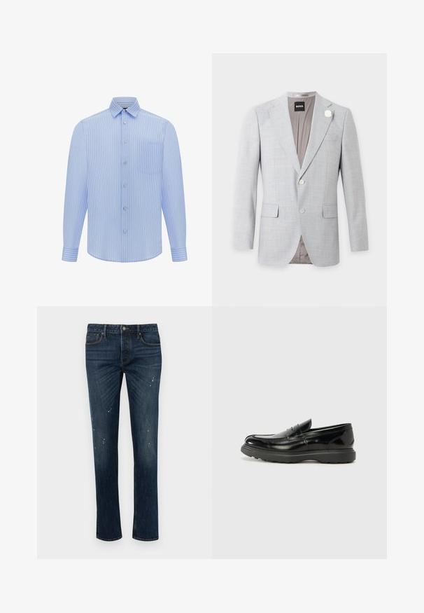 Blazer homme gris clair avec deux boutons devant, revers crantés, poches à rabat et une petite épingle fleur blanche sur le revers gauche.; Chemise à manches longues bleu clair avec des rayures verticales blanches, fermeture par boutons et poche poitrine. Col et poignets finement détaillés.; Jean slim bleu foncé avec légère décoloration et petites éclaboussures de peinture blanche, doté de cinq poches et d'une fermeture par bouton.; Mocassin en cuir noir avec une finition brillante, bout arrondi, détails de couture subtils et semelle en caoutchouc épaisse pour la durabilité.