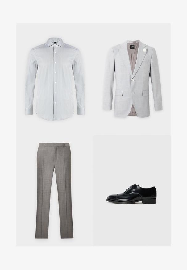 Blazer homme gris clair avec deux boutons devant, revers crantés, poches à rabat et une petite épingle fleur blanche sur le revers gauche.; Chemise blanche avec fines rayures verticales noires, manches longues, fermeture boutonnée devant et col pointu.; Pantalon de costume gris clair avec passants pour ceinture et plis marqués à l'avant, présenté à plat sur un fond blanc.; Chaussure de ville en cuir noir avec une finition polie, bout rond, design à lacets et un petit talon empilé, présentant un détail de couture subtil.