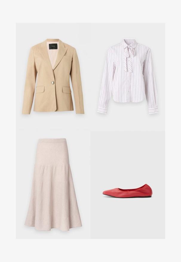 Blazer beige de un solo botón con solapas con muesca, bolsillos delanteros con solapa y etiqueta interior negra sobre un fondo blanco liso.; Camisa de manga larga en blanco con rayas verticales rosas, con un cuello de pajarita, cierre de botones y un corte estructurado.; Falda acampanada de color beige claro hecha de tela suave, con cintura alta y diseño fruncido con una silueta fluida.; Filippa K REY FLATS - Bailarinas - bright red