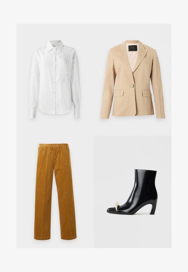 Beige blazer med en enkelt knap, hakket revers, forlommer med klap og sort inderlabel på en ensartet hvid baggrund.; Hvid langærmet skjorte med knaplukning, lavet af glat stof, har en spids krave, brystlomme og knappede manchetter for et skræddersyet look.; Elastisk talje, lige ben, kordfløjl bukser i sennep brun med lodret ribbet tekstur, præsenteret mod en ensfarvet hvid baggrund.; Sort ankelstøvle lavet af blank læder, med spids tå og en dekorativ guld- og sølvaccent foran. Design med blokhæle.