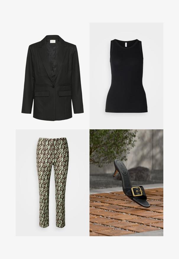 Blazer negro con solapas, cierre de un solo botón, dos bolsillos frontales, diseño entallado y textura suave. Interior forrado en negro a juego.; Top sin mangas negro hecho de tela acanalada, con un escote redondo y un diseño ajustado, con una textura suave y sin patrones.; Pantalones de color marrón y verde con un diseño de hojas, de corte ajustado, con una textura suave y sin cremalleras ni bolsillos visibles.; Mule de cuero negro de tacón alto con hebilla dorada flotando sobre un suelo de baldosas de madera, fondo exterior con arbusto verde y muro de piedra.