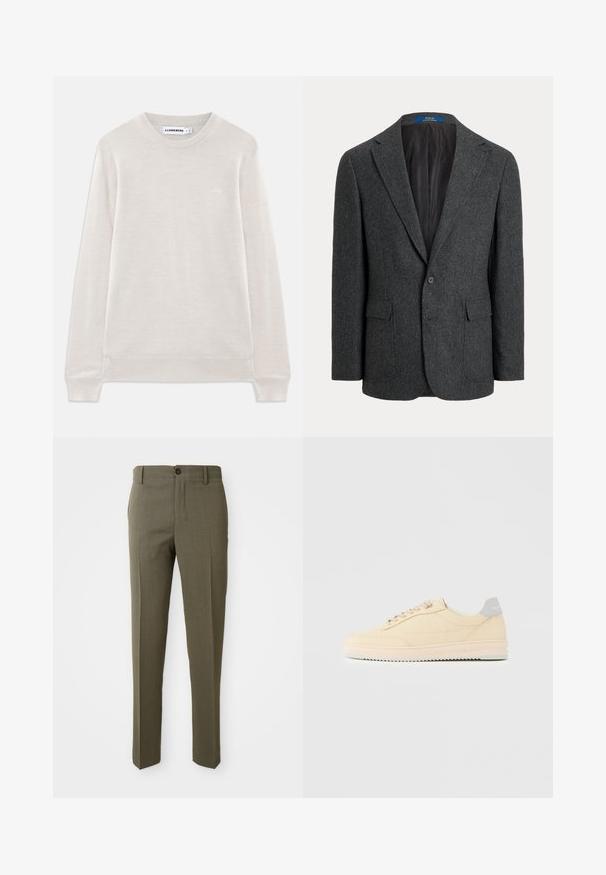 Donkergrijs herensblazer met een knoop, met inkeping revers en voorflapzakken, met een gladde zwarte voering.; Lichtbeige lange mouwen crewneck trui met geribbelde manchetten en zoom, subtiel logo op de linkerkant van de borst en J.Lindeberg label in de kraag.; Olijfgroene op maat gemaakte broeken met een gladde textuur, recht pijpdesign, enkele frontknop en zijzakken voor functionaliteit.; Beige lage sneaker met veters aan de voorkant, lichtroze zool en een grijze hieltab met het merk "Filling Pieces", zijaanzicht op een effen achtergrond.