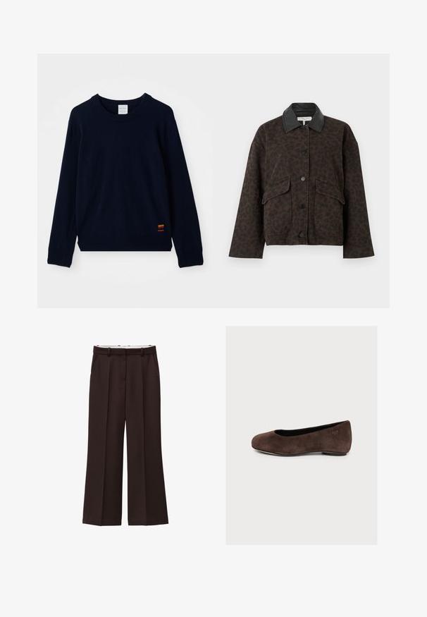 Bruine jas met luipaardprint, zwarte leren kraag, grote voorzakken en knoopsluiting. Zachte stof met een gestructureerde afwerking.; Marineblauwe langarm crewneck sweater met geribde manchetten en zoom, voorzien van een klein patch met meerkleurige strepen nabij de onderkant.; Wijde broek in donkerbruine stof, met een hoge taille, dubbele plooien en zijzakken. Gladde textuur met riemlussen.; Bruine suède ballerina met lage hak, afgeronde neus en een klein vlinderdetail bij de hiel op een effen lichte achtergrond.