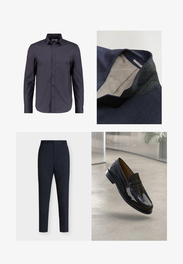Marineblå blazer med ternet mønster, filtkrave og beige foret indeni. Tekstureret stof med en struktureret design.; Mørk navy blå langærmet skjorte lavet af glat bomuld, med knaplukning fortil, klassisk krave og en skræddersyet pasform.; Mørkeblå formelle bukser med slim pasform, bæltestropper og skjult frontlukning, vist fladt på en ensartet lys baggrund.; Sorte patentlæder loafer med en syet detalje, rund tå, lav hæl og glat overflade, præsenteret mod en neutral baggrund.