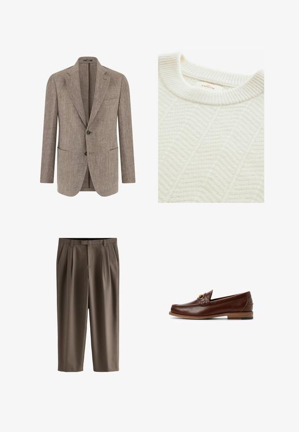Lysebrun tekstureret herreblazer med to knapper, hakket revers, brystlomme og to nederste påsatte lommer, vist forfra.; Cremefarvet strikket sweater med ribbet rund hals, der har et struktureret halvanden mønster og et mærke med teksten "NEXT SIGNATURE."; Brune korte bukser med bæltestropper, sidelommer, frontlynlås og læg på begge ben.; Brune læder loafers med et vævet detaljer og et guldfarvet element. Flad træhæl med sort gummigreb. Glat tekstur, klassisk design.