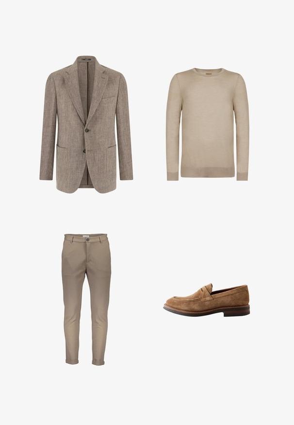 Lysebrun tekstureret herreblazer med to knapper, hakket revers, brystlomme og to nederste påsatte lommer, vist forfra.; Beige langærmet crewneck-trøje med ribstrikkede manchetter og kant, sømløst design og blødt strikket stof.; Beige bomuldsblanding bukser med en tætsiddende pasform, der har knaplukning, bæltestropper og opviklede manchetter. Glat tekstur med rene syninger.; Herre brun ruskind penny loafer med syninger og en stablet læderhæl, vist i sideprofil på hvid baggrund.
