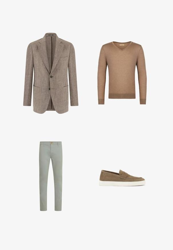 Veste pour hommes marron clair texturée avec deux boutons, revers à crans, poche poitrine et deux poches plaquées inférieures, présentée de face.; Pull en v marron en matériau tricoté doux ; il possède des manches longues et des poignets et un ourlet côtelés pour un look ajusté.; Pantalons en coton vert clair avec une coupe droite, poches avant et fermeture à un bouton à la taille. Texture lisse, design minimaliste.; Des chaussures slip-on en suede marron avec une semelle en caoutchouc blanche, présentant un design de pointe cousue et une sangle décorative sur la cou-de-pied.