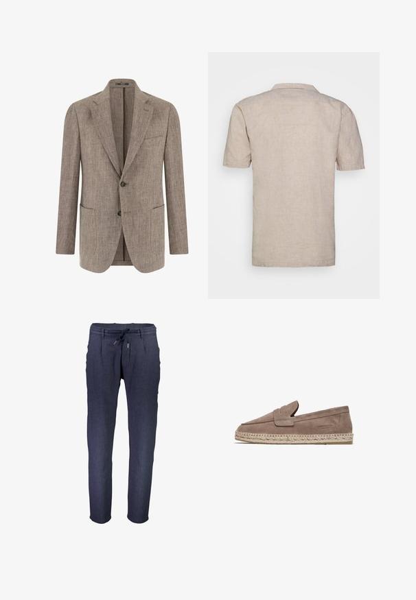 Blazer texturizado marrón claro para hombre con dos botones, solapas con muesca, bolsillo en el pecho y dos bolsillos inferiores tipo parche, mostrado de frente.; Camisa de lino beige de manga corta con cuello, que presenta un tejido texturizado y dobladillo recto, sin patrones ni acentos visibles.; Pantalones tapered de color azul marino, hechos de una tela texturizada, con una cinturilla elástica y cordón ajustable, además de bolsillos laterales.; FRED MARTIN COLLECTION MARBELLA - Alpargatas - taupe suede