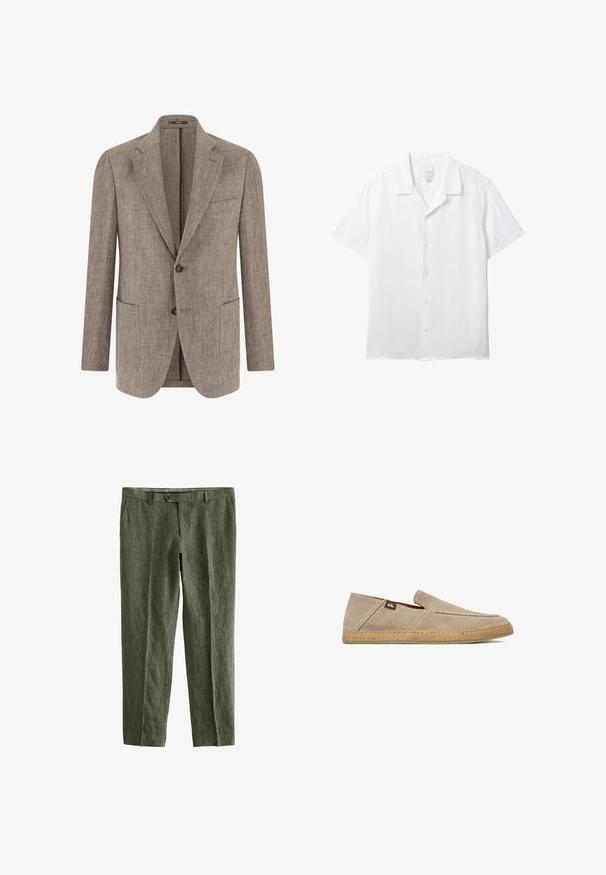Blazer texturizado marrón claro para hombre con dos botones, solapas con muesca, bolsillo en el pecho y dos bolsillos inferiores tipo parche, mostrado de frente.; Camisa blanca de manga corta con botones, cuello estilo campestre y etiqueta visible de Calvin Klein en el interior del escote.; Next SIGNATURE - REGULAR FIT - Pantalones - olive green; Zapato beige tipo slip-on con parte superior de ante y suela tejida texturizada, con una pequeña etiqueta de logo de tela en el lateral cerca del talón.