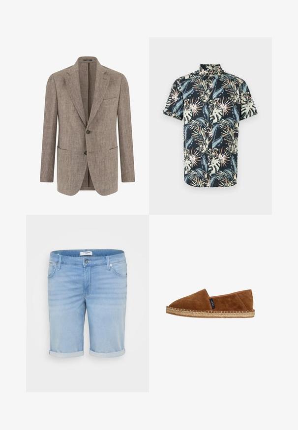 Lysebrun tekstureret herreblazer med to knapper, hakket revers, brystlomme og to nederste påsatte lommer, vist forfra.; Kortærmet skjorte med knapper i sort med et tropisk blomsterprint. Indeholder grønne blade og orange accenter. Stoffet virker glat og let.; Lysblå denimshorts med en let falmet finish, opfoldede bukseben, fem-lommer design og en metalknaplukning.; Brun ruskinds-espadrille med rund tå, naturlig jutesål og syninger langs kanten. Ingen synlig branding bortset fra en lille mærkat.