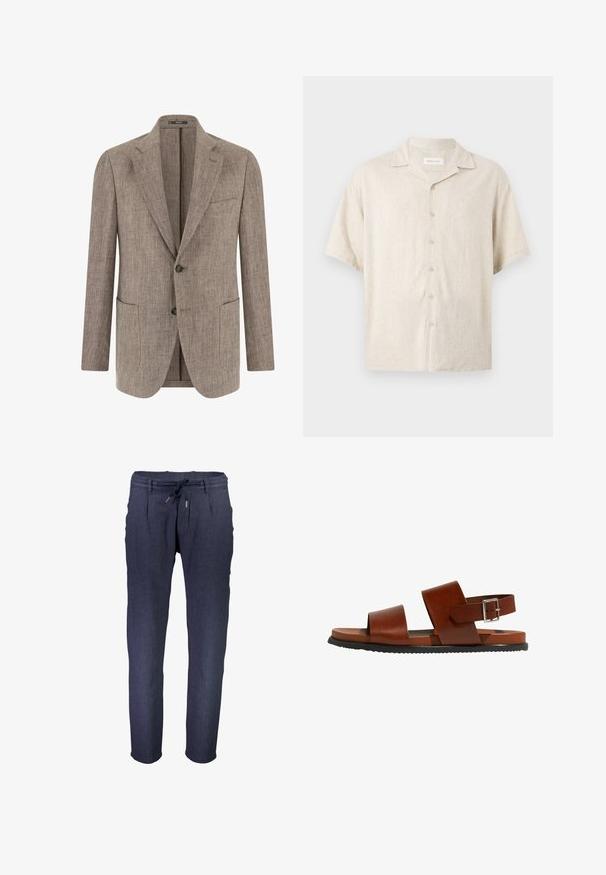Blazer texturizado marrón claro para hombre con dos botones, solapas con muesca, bolsillo en el pecho y dos bolsillos inferiores tipo parche, mostrado de frente.; Camisa beige de manga corta con botones al frente, cuello campestre y ajuste relajado, hecha de tela ligera.; Pantalones tapered de color azul marino, hechos de una tela texturizada, con una cinturilla elástica y cordón ajustable, además de bolsillos laterales.; Sandalias de cuero marrón con dos correas anchas y una hebilla ajustable en el tobillo. Presentan una suela plana y una suela exterior de goma negra texturizada.