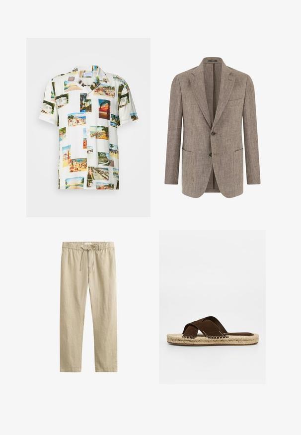 Lysebrun tekstureret herreblazer med to knapper, hakket revers, brystlomme og to nederste påsatte lommer, vist forfra.; Hvid kortærmet skjorte med et collage af fotografier af tropiske scener i forskellige farver. Letvægtsstof, knaplukning foran og afslappet pasform.; Beige bukser med lige ben, elastisk linning, lukning med knap og snørre, lavet af let stof.; Brun herreslide sandal i ruskind med krydsede remme og flettet jutesål, vist i profil på hvid baggrund.