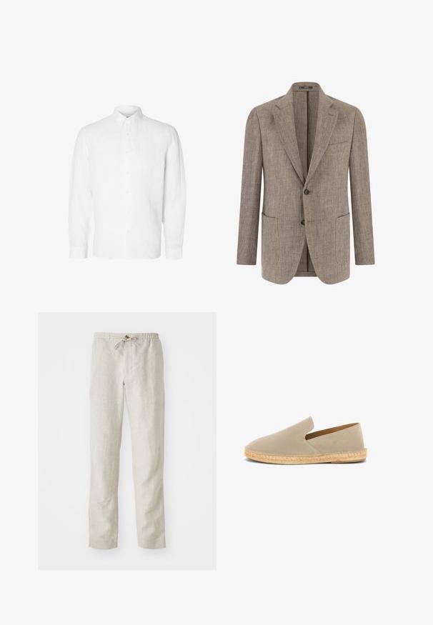 Veste pour hommes marron clair texturée avec deux boutons, revers à crans, poche poitrine et deux poches plaquées inférieures, présentée de face.; Chemise blanche à manches longues en lin, dotée d'un col boutonné, de boutons sur le devant et d'une coupe décontractée avec des poignets droits.; Pantalons en lin beige clair avec une coupe droite, une taille élastique, un cordon de serrage ajustable et sans motifs ni accessoires visibles.; Espadrille beige en daim à enfiler avec semelle enveloppée de jute et petit talon, vue latérale sur fond blanc.