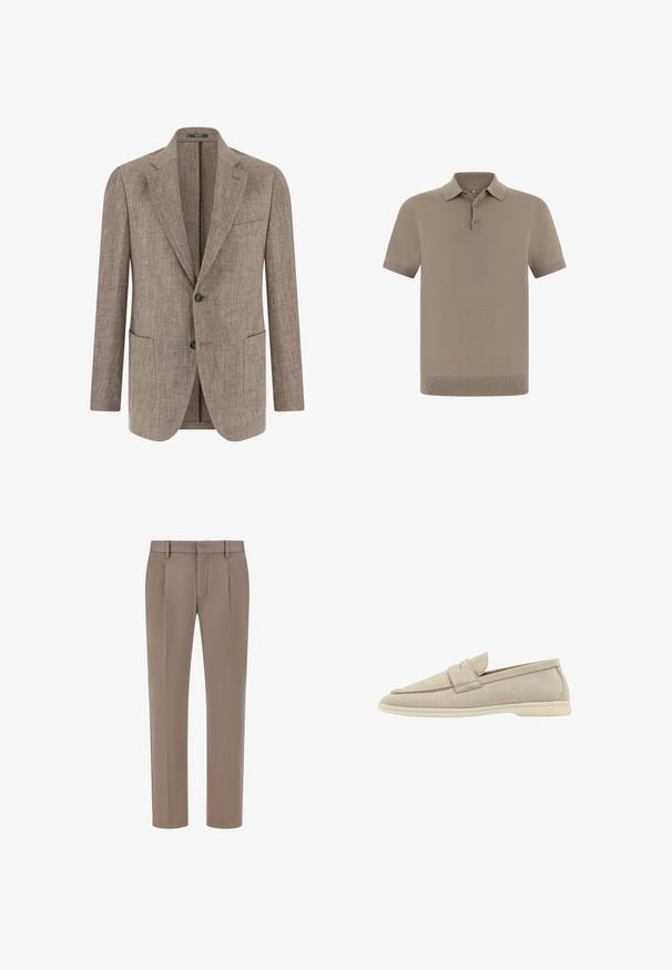Veste pour hommes marron clair texturée avec deux boutons, revers à crans, poche poitrine et deux poches plaquées inférieures, présentée de face.; Polo couleur taupe avec une finition texturée, manches courtes et col. Comprend une patte de boutonnage à trois boutons et des poignets côtelés.; Pantalons chics beiges en tissu lisse, avec un devant plat, deux plis sur chaque jambe et une coupe droite épurée.; Chaussure slip-on en daim beige avec un bout arrondi, une sangle d'accent à l'avant et une semelle en caoutchouc légère. Texture lisse et design minimaliste.