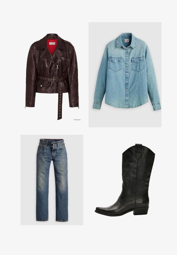 Dunkelbraune Leder-Bikerjacke mit bestickten Ärmeln, Reißverschluss vorne und Taschen, Gürtel mit Metallösen und rotem Steppfutter.; Hellblaues Denimhemd mit klassischem Kragen, vorderer Knopfleiste, zwei Brusttaschen und geknöpften Manschetten sowie einem leicht geschwungenen Saum.; Blaue Denim-Jeans mit geradem Bein, ausgestattet mit sichtbaren Nähten, einem Reißverschluss und fünf Taschen. Ausgewaschene Stellen sorgen für Textur.; Schwarze Leder-Cowboystiefel mit spitzem Zehenbereich, dezenten Steppnähten und einem gestapelten Absatz. Sie besitzen einen hohen Schaft und eine Zuglasche.