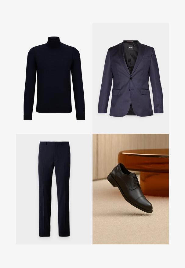 Marineblå skræddersyet blazer med en enkelt knap, to frontlommer og en glat overflade. Indersiden har et mønstret sort for og branding.; Mørkeblå turtleneck sweater lavet af fint strikstof, med lange ærmer og en tætsiddende, høj halsudskæring. Ingen synlige mønstre eller detaljer.; Marineblå skræddersyede bukser med lige pasform, der har to frontplisser og en glat tekstur. Fremstillet af letvægtsstof.; Sort formel oxfordskind sko med snørebånd, der svæver over et beige tæppe, med et rundt brunt bord i baggrunden.
