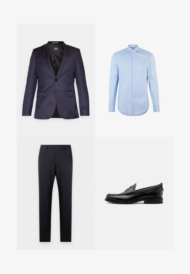 Marineblauwe op maat gemaakte blazer met een enkele knoop, twee voorzakken en een gladde textuur. De binnenzijde heeft een gemusterde zwarte voering en branding.; Lichtblauwe long sleeve shirt gemaakt van katoen met een puntige kraag, voor knopen en een afgeronde onderkant. Glad textuur zonder patronen.; Donkerblauwe op maat gemaakte broek met een vlakke front, slim fit, zijzakken en een gladde textuur; geen zichtbare patronen of versieringen.; Zwarte leren herensloffen met moc toe stiksel, pennyriem, gestructureerde kraag en lage gestapelde hak op witte achtergrond.