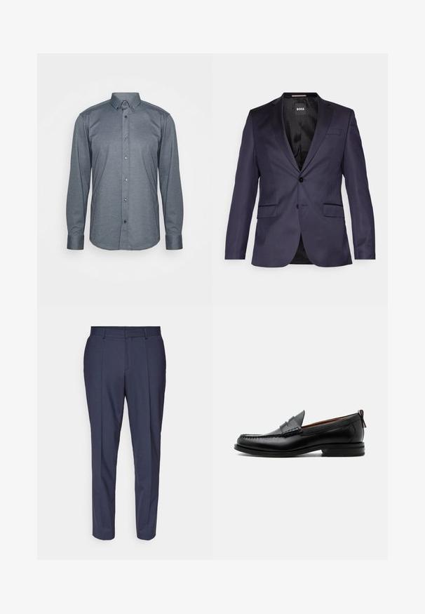 Marineblauer maßgeschneiderter Blazer mit einem einzelnen Knopf, zwei Fronttaschen und einer glatten Textur. Das Innenfutter hat eine gemusterte schwarze Verkleidung und eine Markenkennzeichnung.; Langärmliges Hemd mit Knöpfen aus dunkelgrauem Stoff, mit einem Kragen, Frontknöpfen und Manschetten. Glatte Textur mit passgenauer Design.; Marinefarbene Anzughose mit geradem Schnitt, aus strukturiertem Stoff, mit Vorderfalten, Gürtelschlaufen und seitlichen Taschen.; Schwarzer Leder-Herrenschuh mit Mokassinnaht, Penny-Riemen, strukturiertem Kragen und niedrigem gestapeltem Absatz auf weißem Hintergrund.