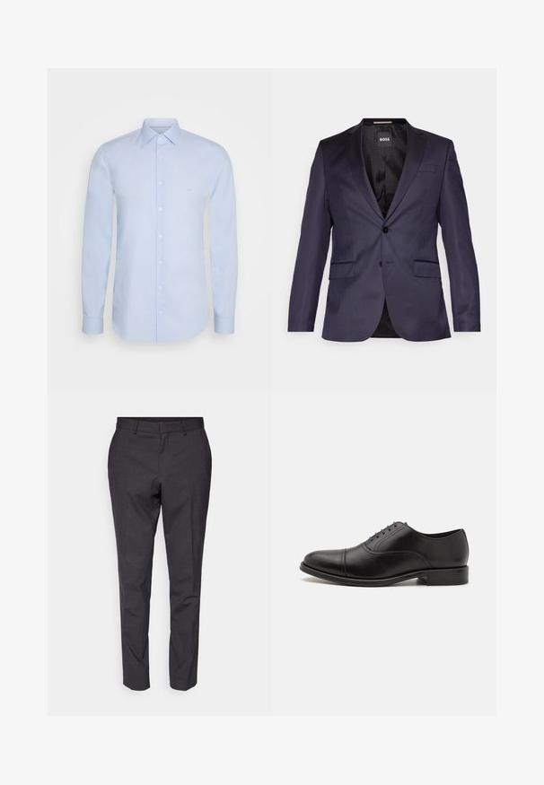 Marineblauer maßgeschneiderter Blazer mit einem einzelnen Knopf, zwei Fronttaschen und einer glatten Textur. Das Innenfutter hat eine gemusterte schwarze Verkleidung und eine Markenkennzeichnung.; Helles blaues Langarmshirt aus glattem Baumwollmaterial, ausgestattet mit einem klassischen Kragen, einer Knopfverschluss und dezentem Branding auf der Brust.; Graue maßgeschneiderte Hose mit glatter Textur, schmaler Passform und tapered Beinen, mit flachem Bund und Gürtelschlaufen für zusätzliche Details.; Schwarze Lederschuhe mit abgerundetem Zeh, glatter Oberfläche und dezenten Nähten. Mit blauen Schnürsenkeln und einem niedrigen, gestapelten Absatz.