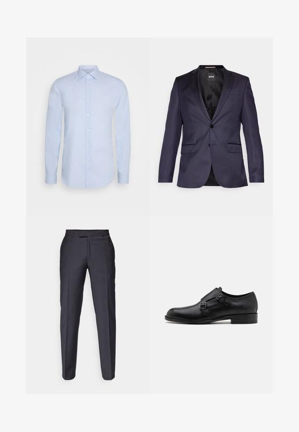 Marineblauwe op maat gemaakte blazer met een enkele knoop, twee voorzakken en een gladde textuur. De binnenzijde heeft een gemusterde zwarte voering en branding.; Lichtblauw langslowel shirt van soepel katoen, met een klassieke kraag, knoopsluiting en subtiele branding op de borst.; Donkergrijze op maat gemaakte broek met een rechte pijp. Heeft een gladde textuur en voorplooien. Geen zichtbare merknaam of versieringen.; Zwarte leren dresschoen met dubbele gespen, slank silhouet en ronde neus. Kenmerkt zich door een lage hak en een gladde textuur.