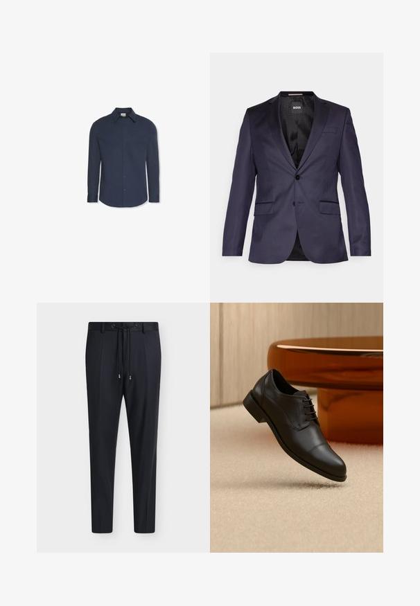 Marineblauer maßgeschneiderter Blazer mit einem einzelnen Knopf, zwei Fronttaschen und einer glatten Textur. Das Innenfutter hat eine gemusterte schwarze Verkleidung und eine Markenkennzeichnung.; Marineblaues Hemd mit langen Ärmeln, Knöpfen, Kragen und Manschetten, mit einem Calvin Klein Etikett im Kragen.; Schwarze maßgeschneiderte Hose mit Tunnelzug in der Taille und subtilen vorderen Falten, dargestellt auf einem schlichten hellen Hintergrund.; Schwarzer, formeller Oxford-Lederschuh mit Schnürsenkeln, der über einem beigen Teppich schwebt, mit einem runden braunen Tisch im Hintergrund.