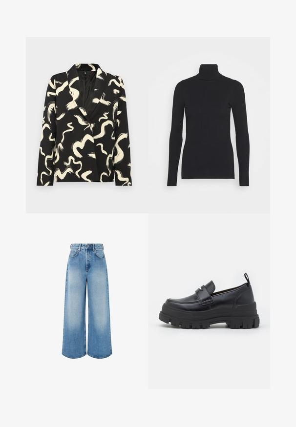Blazer negro con patrón abstracto de pinceladas crema, que presenta un cuello chal, cierre de un solo botón y tejido texturizado.; Suéter ajustado de canalé negro con cuello alto, que presenta mangas largas y una silueta ceñida. La textura es suave con un patrón de canalé horizontal.; Vaqueros de mezclilla de pierna ancha en azul claro, con cintura alta, cierre de botón y un leve desvanecimiento con bordes de dobladillo limpios.; Mocasín de cuero negro con suela gruesa y acanalada, costuras en la puntera estilo mocasín, detalle de correa en la parte superior y tira para tirar en el talón, mostrado de perfil lateral.