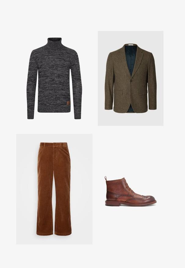 Blazer brun texturé à un seul bouton avec revers crantés, poches à rabat et doublure intérieure sombre.; Pull à col roulé tricoté en gris foncé avec un motif texturé. Présente un design ajusté et une étiquette tissée sur le bas à l'avant.; Pantalons en velours côtelé marron avec une coupe évasée, présentant une texture rayée verticale, une fermeture à bouton et des passants de ceinture standard.; Botte en cuir marron avec des détails brogue décoratifs, bout rond, design à lacets et un petit talon empilé. Comprend une languette à l'arrière.