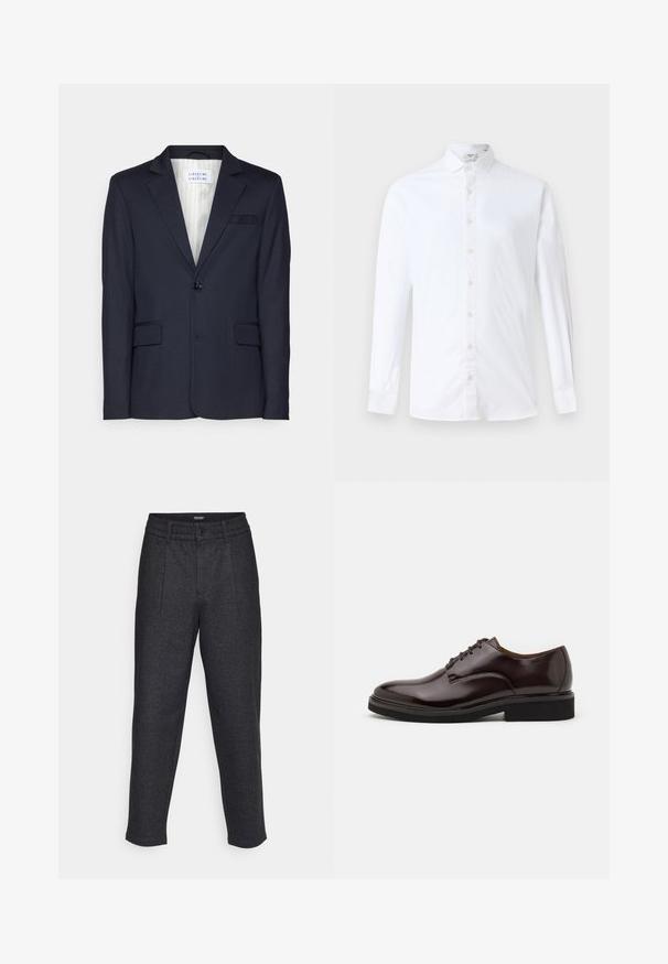 Blazer marine en tissu texturé, doté d'une fermeture à un bouton, de deux poches avant et d'un col à revers.; Chemise à manches longues blanche en coton, dotée d'un col classique, d'une coupe droite et d'une texture lisse avec des boutons assortis.; Jack & Jones PREMIUM JPSTKARL JJREESE TAPERED - Chino - dark grey; Chaussure Oxford en cuir marron avec une finition brillante, bout rond, lacets, et une semelle en caoutchouc noir épaisse. Détail de couture sur le dessus.