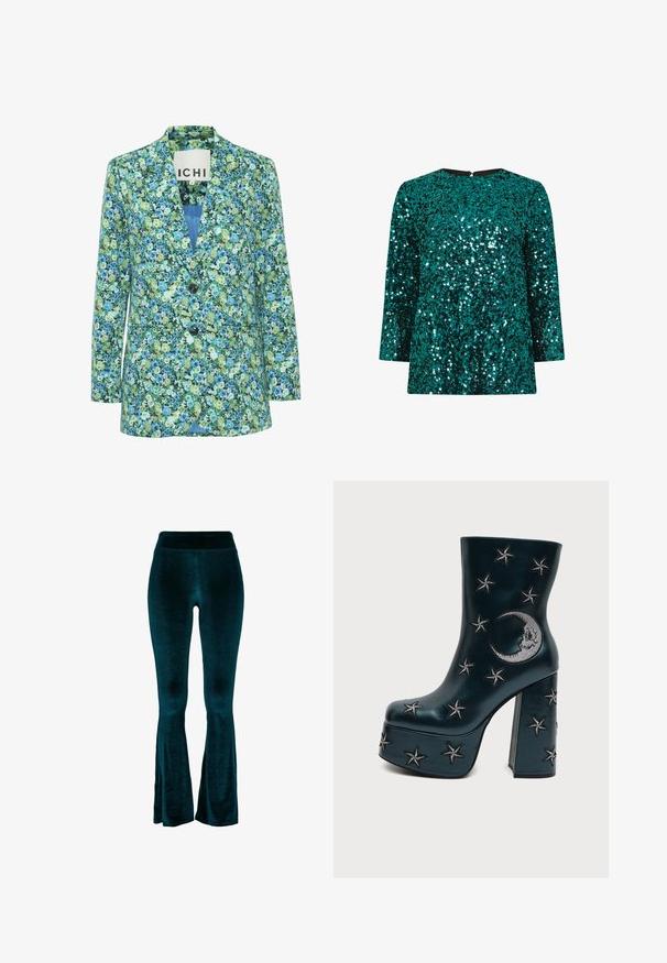 Blomstret blazer lavet af letvægtsstof, med en blanding af grønne og blå blomster på en mørk baggrund, to knapper og klaplommer.; Teal sequin top med lange ærmer, rund halsudskæring og lynlås bagpå. Glitrende overflade med overlappende paljetter.; Petrolblå vide bukser lavet af blødt fløjlstof, med høj talje og glat tekstur, der indsnævres mod kanten med små åbninger.; Sort platformstøvle med blokhæl, dekoreret med sølvbroderede stjerner og en måne på siden.